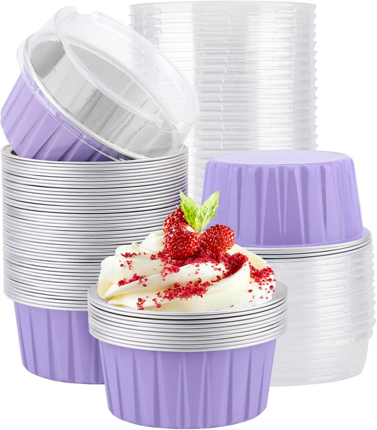 EUSOAR Aluminum Foil Baking Cups with Lids, Light Purple 50pcs 5oz Creme Brulee Ramekins Disposable, Muffin Liners Cups，Mini Cheesecake Foil Pans Dessert Containers with Lids for Party Favor Birthday