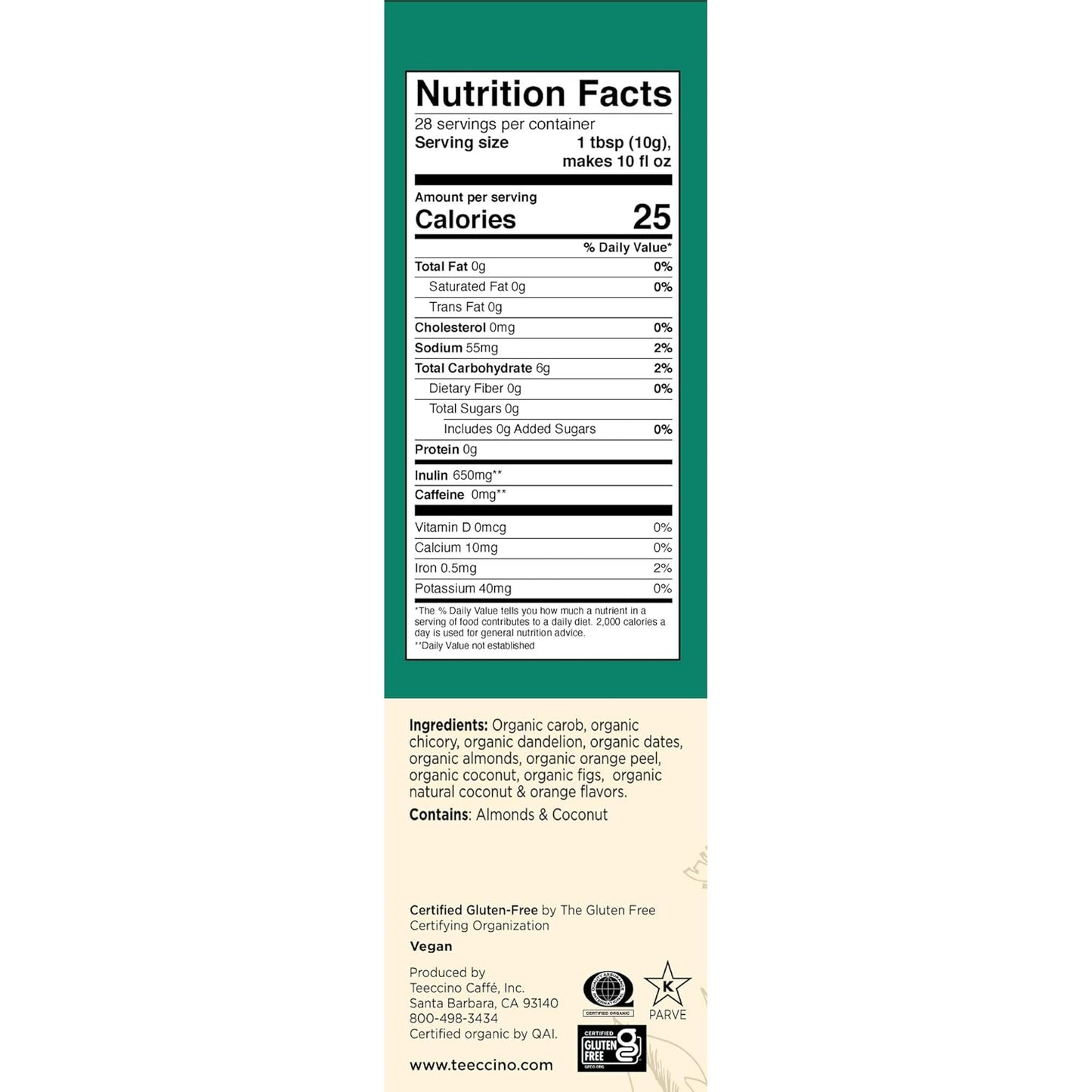 Teeccino Dandelion Coconut Herbal Coffee - Caffeine-Free Coffee Alternative with Prebiotics, Gluten Free, Acid Free - Medium Roast, 10 oz