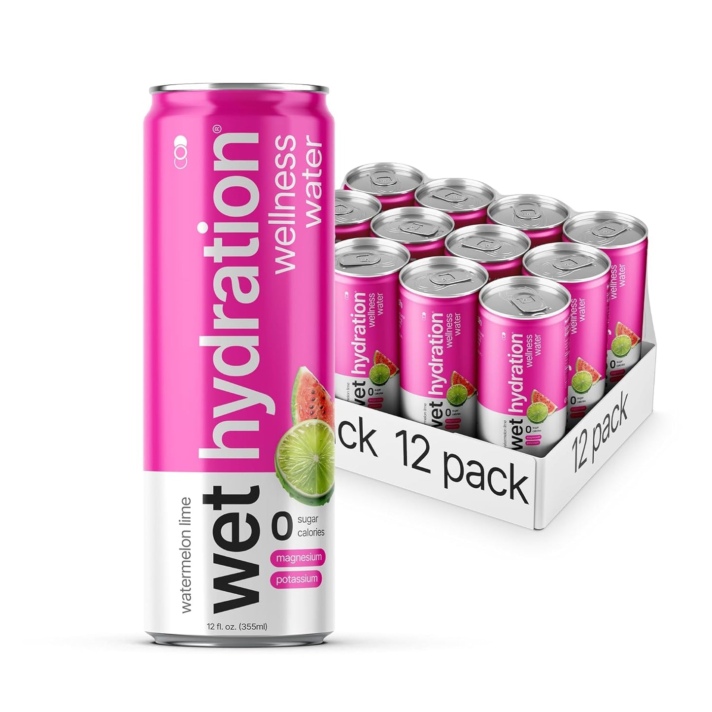 Wet Hydration | Functional Wellness Water, Non-Carbonated - Watermelon Lemon Lime (12 Ounce Cans, Pack of 12) - Flavored Water, Hydration Drink, No Sugar, No Artificial Ingredients, Zero Calories