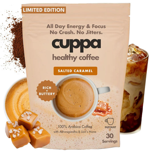 Cuppa Salted Caramel Healthy Mushroom Instant Coffee with Lion's Mane & Ashwagandha for All Day Energy & Focus - No Crash or Jitters - Nootropics for Brain Health, Gut Health, Immunity, Stress, Memory + Mood - 60 Servings
