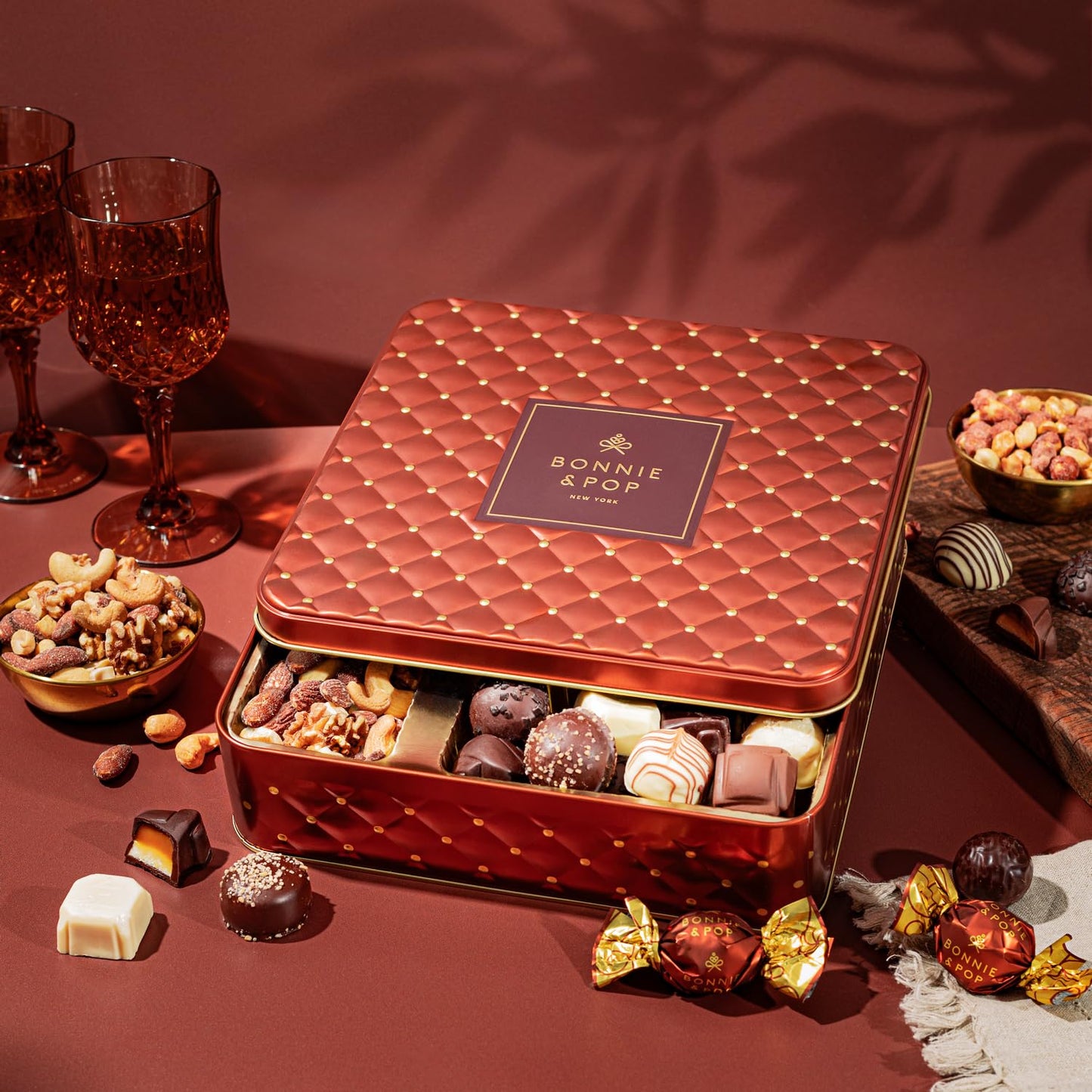 Christmas Chocolate Gift Basket- Holiday Nut and Candy Gift Box for Men, Women, Families, Corporate- Bonnie and Pop