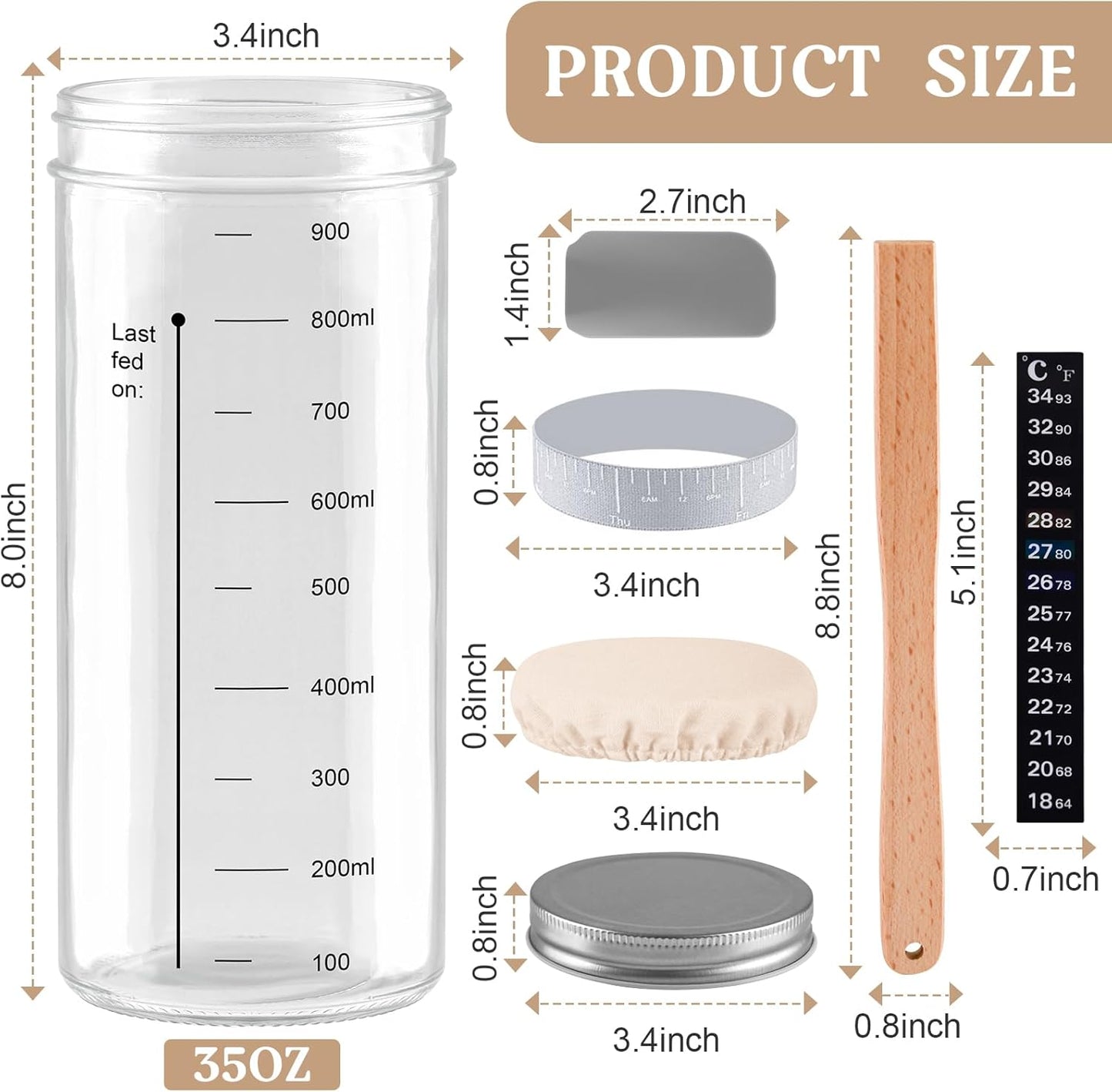 2pcs 1000ML FSourdough Starter Kit with Date Marked Feeding Band, Thermometer, Cloth Cover & Metal Lid, Reusable Sourdough Bread Baking Supplies, Canisters for household or kitchen use