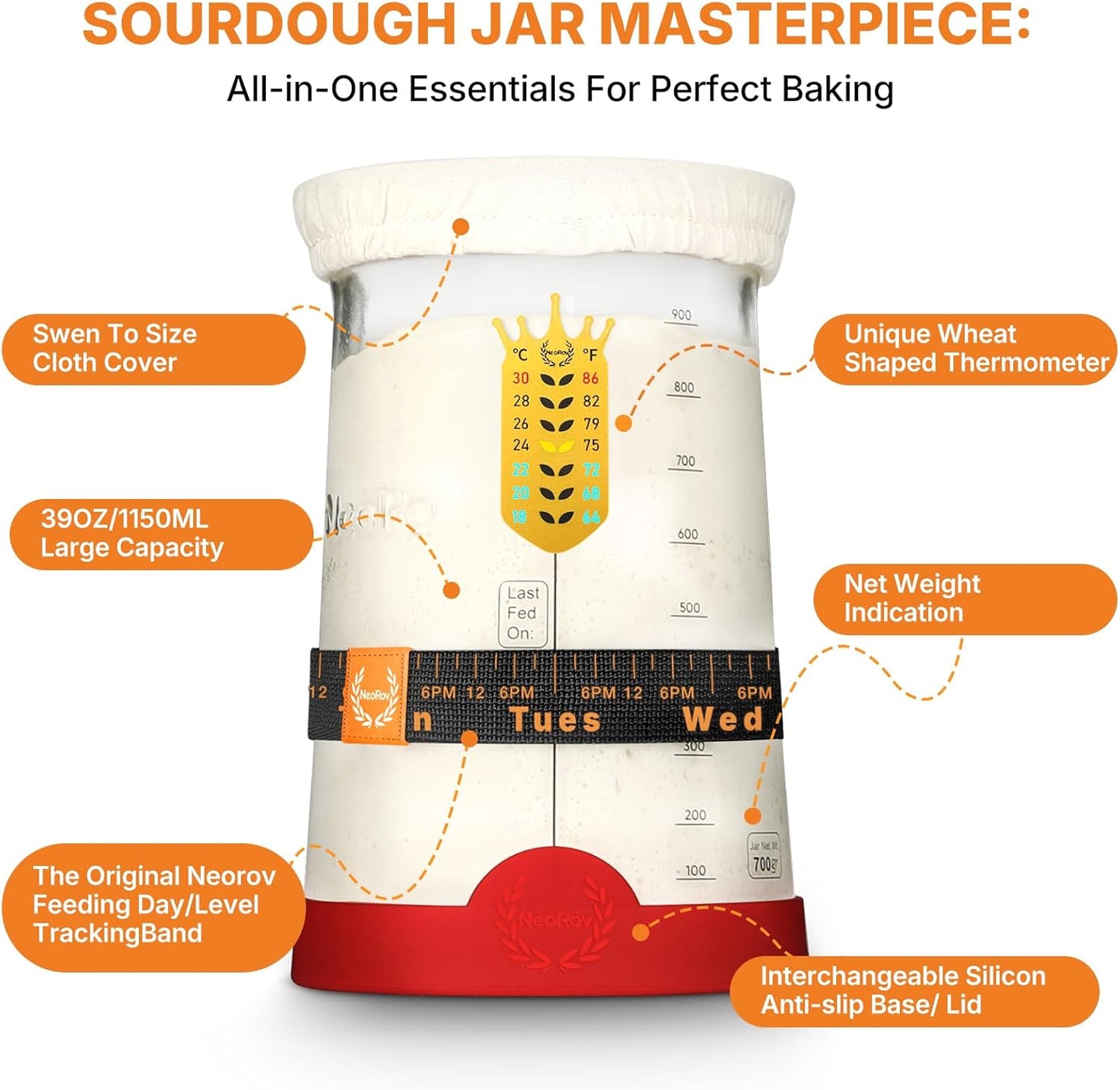 Pro Sourdough Starter Kit - 39 Oz Glass Sourdough Starter Jar (With Cloth Lid,Silicone Base,Scraper,Date Tracker,Temp Strip) - Sourdough Bread Baking Supplies For Sour Dough Bread Loaf (Red)