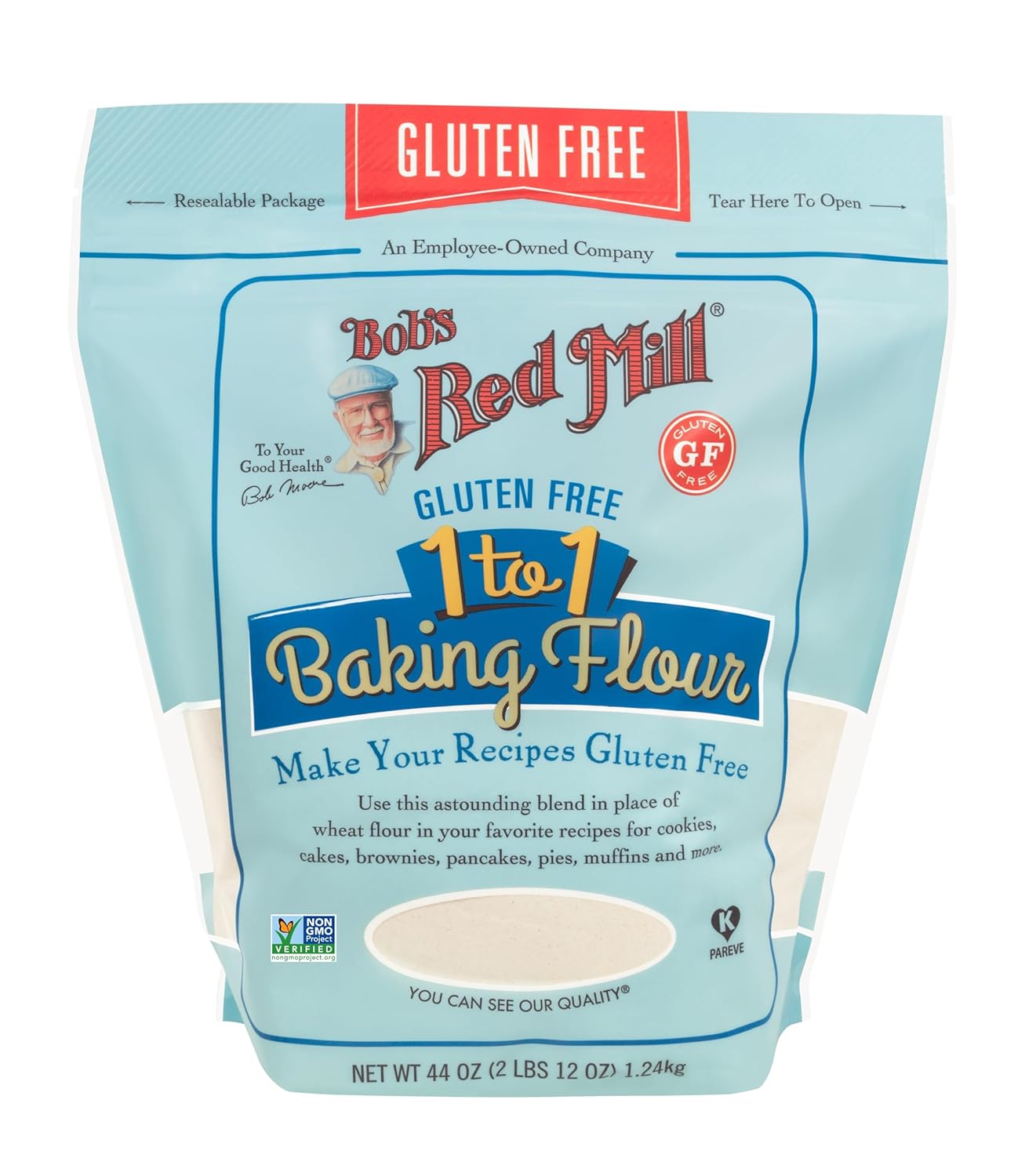 Bob's Red Mill Gluten Free 1 to 1 Baking Flour, 44oz (Pack of 1) - Non GMO, Vegan, Kosher