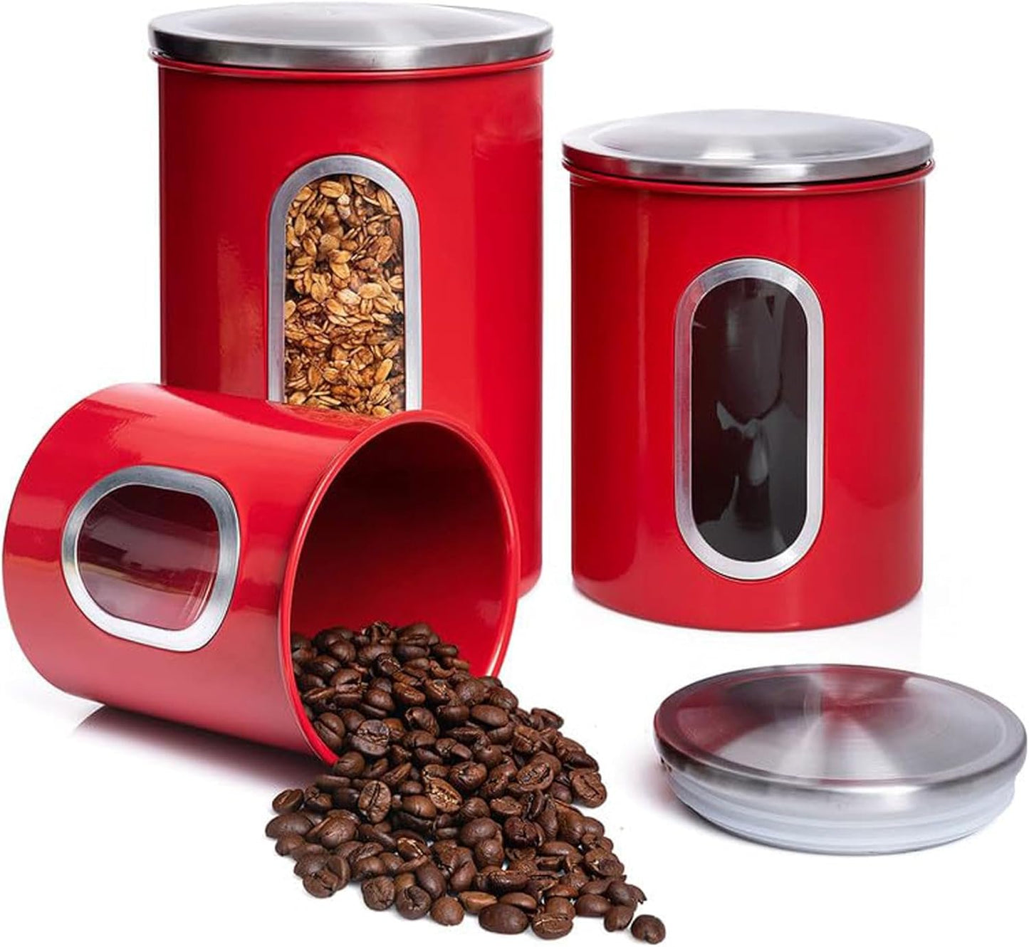 Mixpresso 3-Piece Red Canisters Sets For The Kitchen, Airtight Canister Set With See Through Window, Storage Jars for Coffee Container, Tea Organizer & Sugar Canister, Red Kitchen Canisters