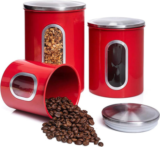 Mixpresso 3-Piece Red Canisters Sets For The Kitchen, Airtight Canister Set With See Through Window, Storage Jars for Coffee Container, Tea Organizer & Sugar Canister, Red Kitchen Canisters