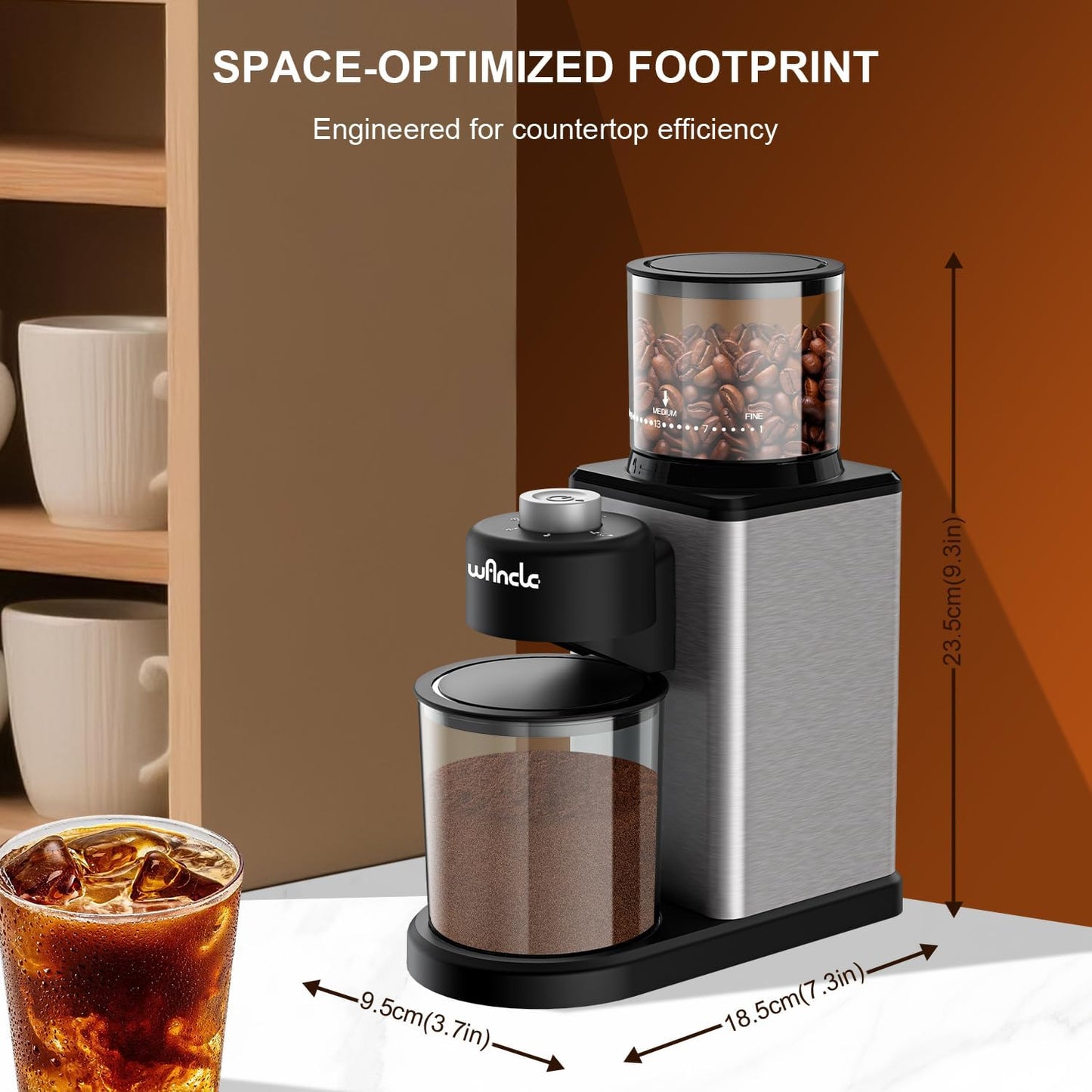 Wancle Conical Burr Electric Coffee Grinder Bean Grinder - 25 Adjustable Grind Settings for Espresso/French Press/Drip, 2-12 Cup Capacity, Low Noise & Anti-static with Powder Blower, Stainless Steel