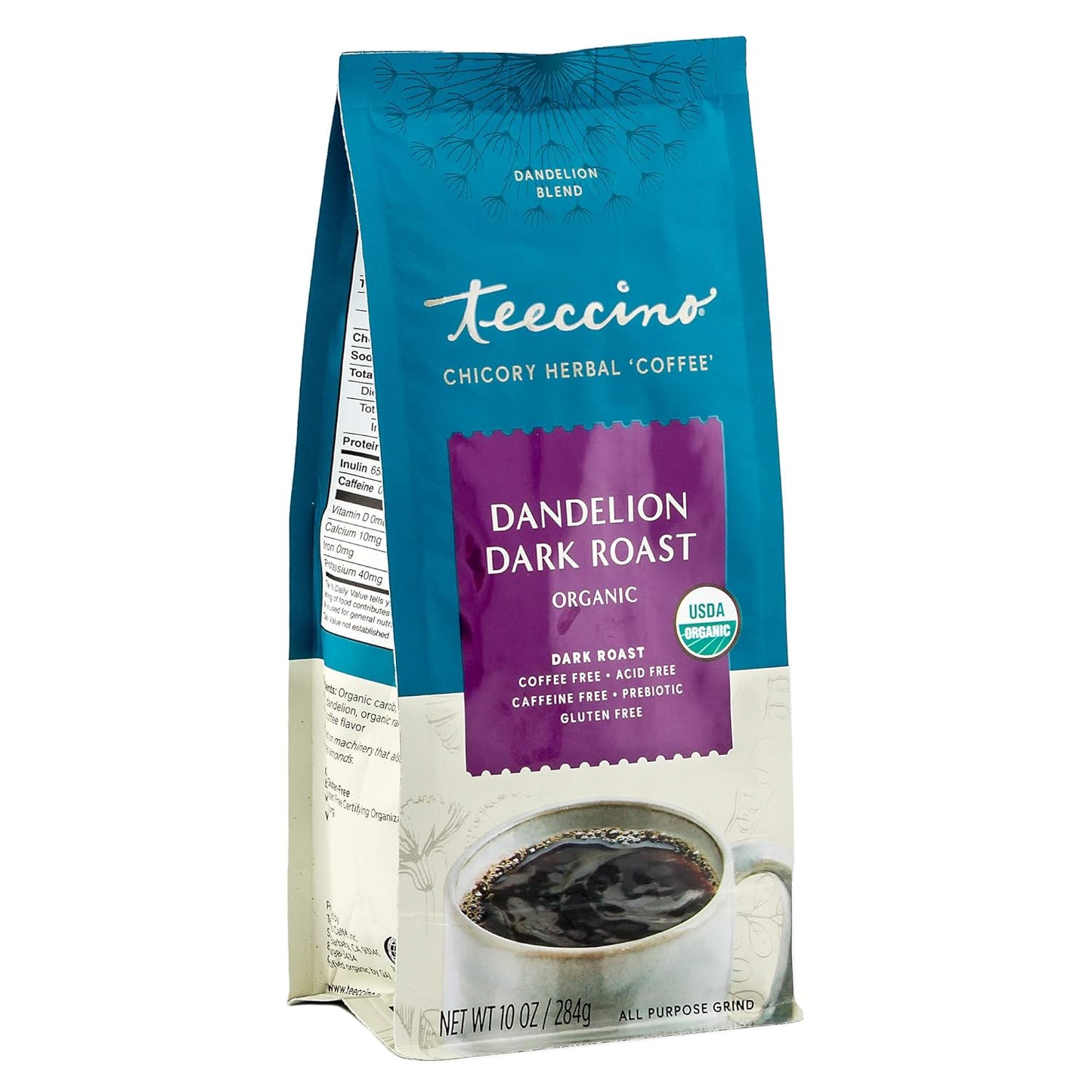Teeccino Dandelion Dark Roast Herbal Coffee - 10 oz - Caffeine-Free Coffee Alternative with Prebiotics, Gluten Free, Acid Free, Organic