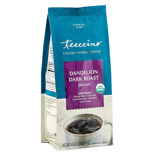 Teeccino Dandelion Dark Roast Herbal Coffee - 10 oz - Caffeine-Free Coffee Alternative with Prebiotics, Gluten Free, Acid Free, Organic