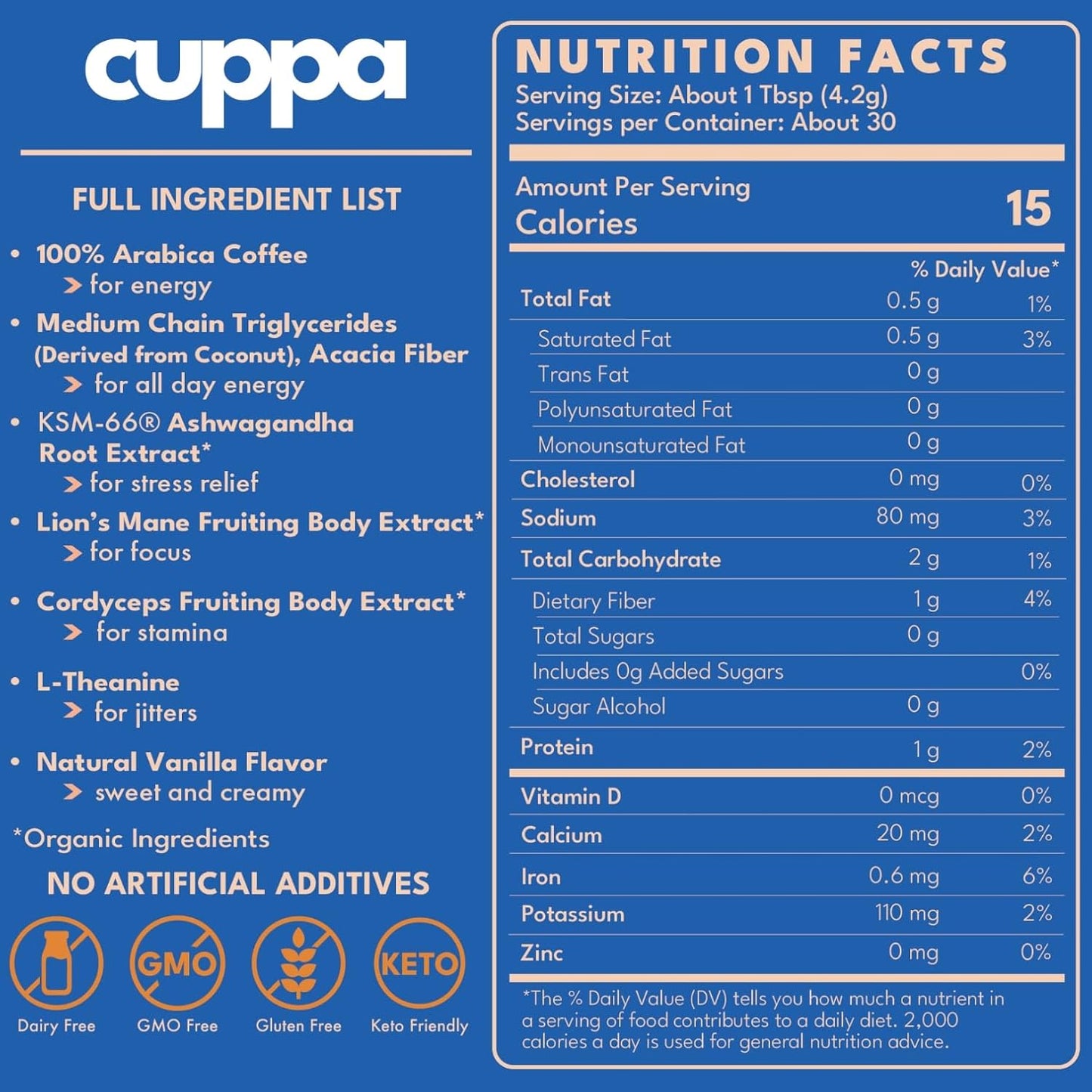 Cuppa French VanillaHealthy Mushroom Instant Coffee with Lion's Mane & Ashwagandha for All Day Energy & Focus - No Crash or Jitters - Nootropics for Brain Health, Gut Health, Immunity, Stress, Memory + Mood - 60 Servings