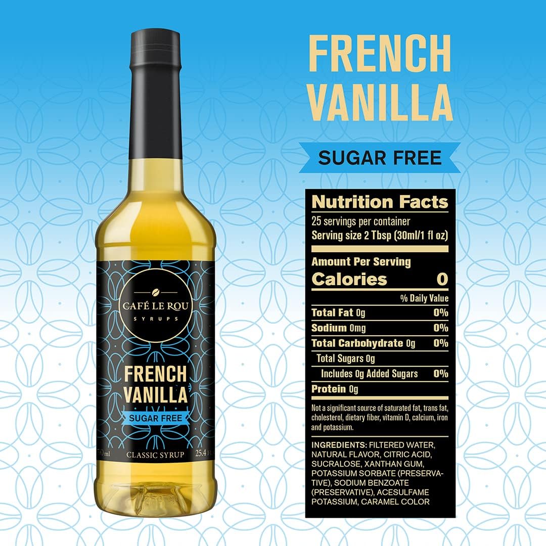 "NEW" Café Le Rou Coffee Syrup Sugar Free French Vanilla, 25.4oz (Pack of 2)*Includes 2 Coffee Syrup Pumps*Cafe Coffee Flavoring Syrup for Coffee, Tea, and Espresso