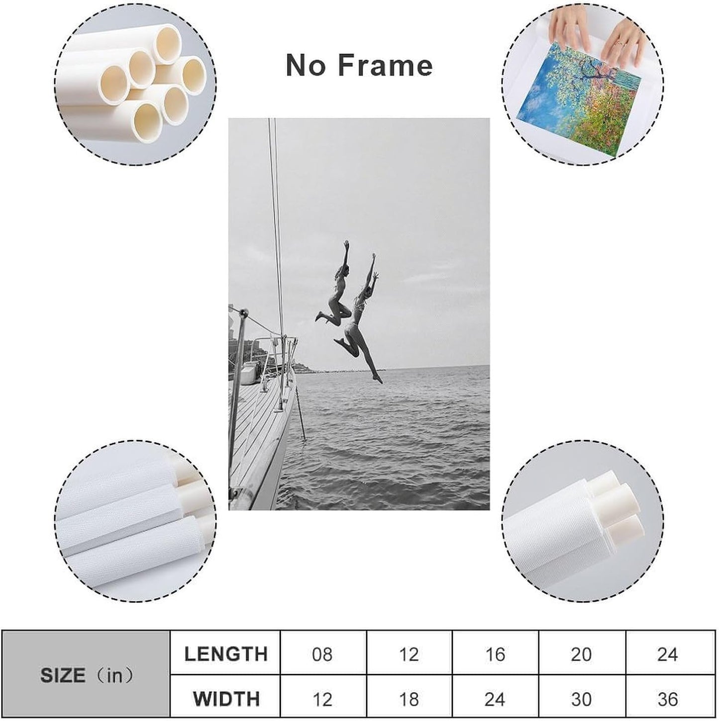 Trendy Wall Art Black And White Beach Poster Summer Ocean Jump Sail Boat Yacht Canvas Printing Art Poster, Diving Lovers Gifts, Home Wall Decoration 16x24inch(40x60cm)