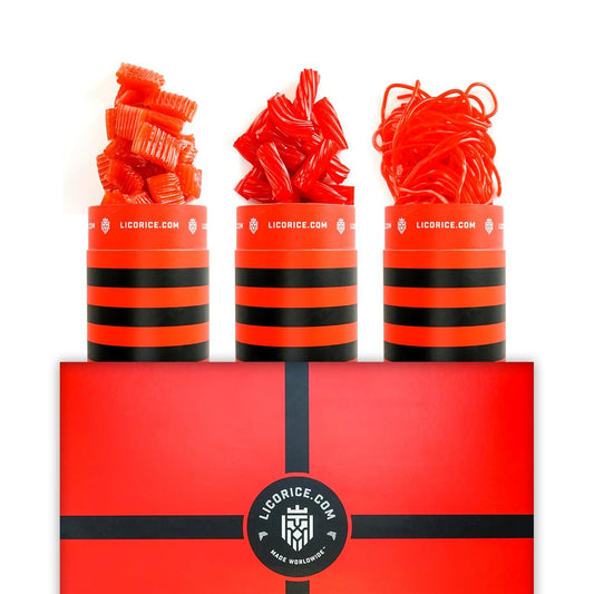 Licorice.com Gourmet Assorted Red Licorice Gift Set – Australian Red, Strawberry Spirali, Strawberry Pillows | Great Gift Idea for Holidays and Birthdays | Pack of 3