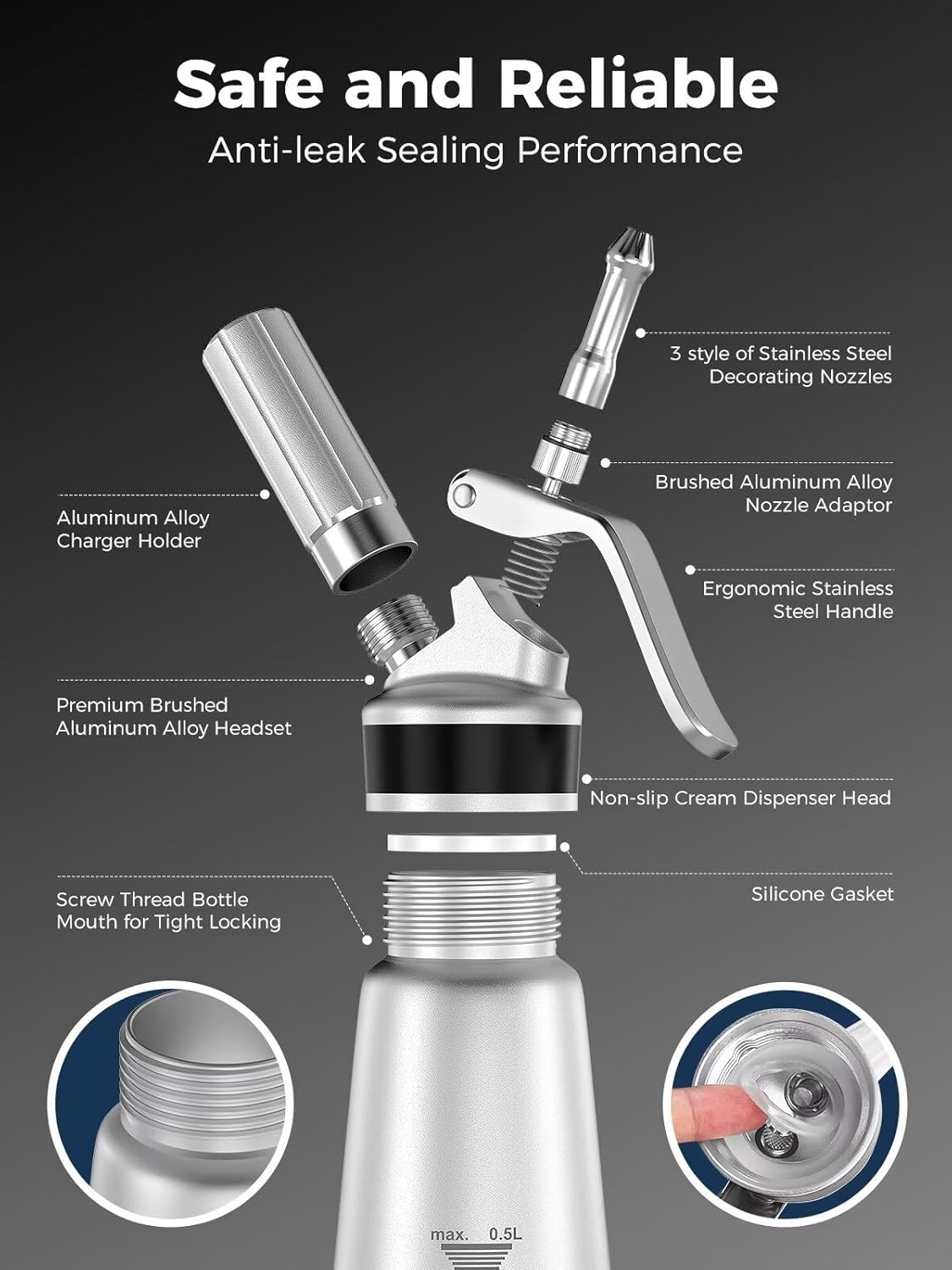 Whipped Cream Dispenser, Aluminum Cream Whipper 500mL/1 Pint,3 Stainless Decorating Nozzles,1 Brush,1Storage Bag,Homemade Cream Maker,N2O Chargers Not Included,Silver