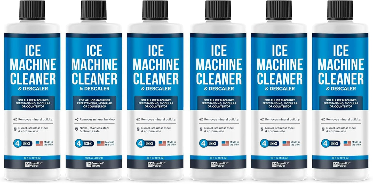 Essential Values Ice Machine Cleaner and Descaler 16 fl oz - Nickel Safe Countertop Ice Maker Cleaner - Compatible with Major Brands (Scotsman, KitchenAid, Affresh, etc.) - 6 pack