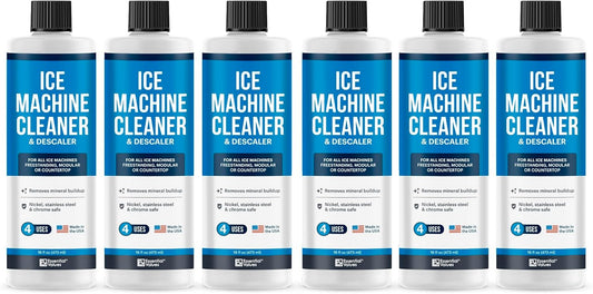 Essential Values Ice Machine Cleaner and Descaler 16 fl oz - Nickel Safe Countertop Ice Maker Cleaner - Compatible with Major Brands (Scotsman, KitchenAid, Affresh, etc.) - 6 pack