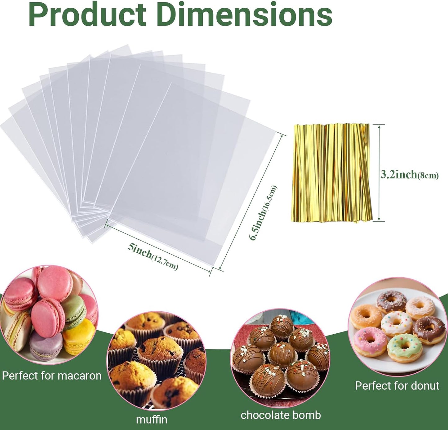 200 PCS 5x6.5 Cellophane Muffin Bags with Gold Twist Ties & Flat Bottom – Food-Safe Bakery Packaging for Cupcakes, Brownies, Cookies Macarons – Commercial-Grade for Party Favors, Catering Displays