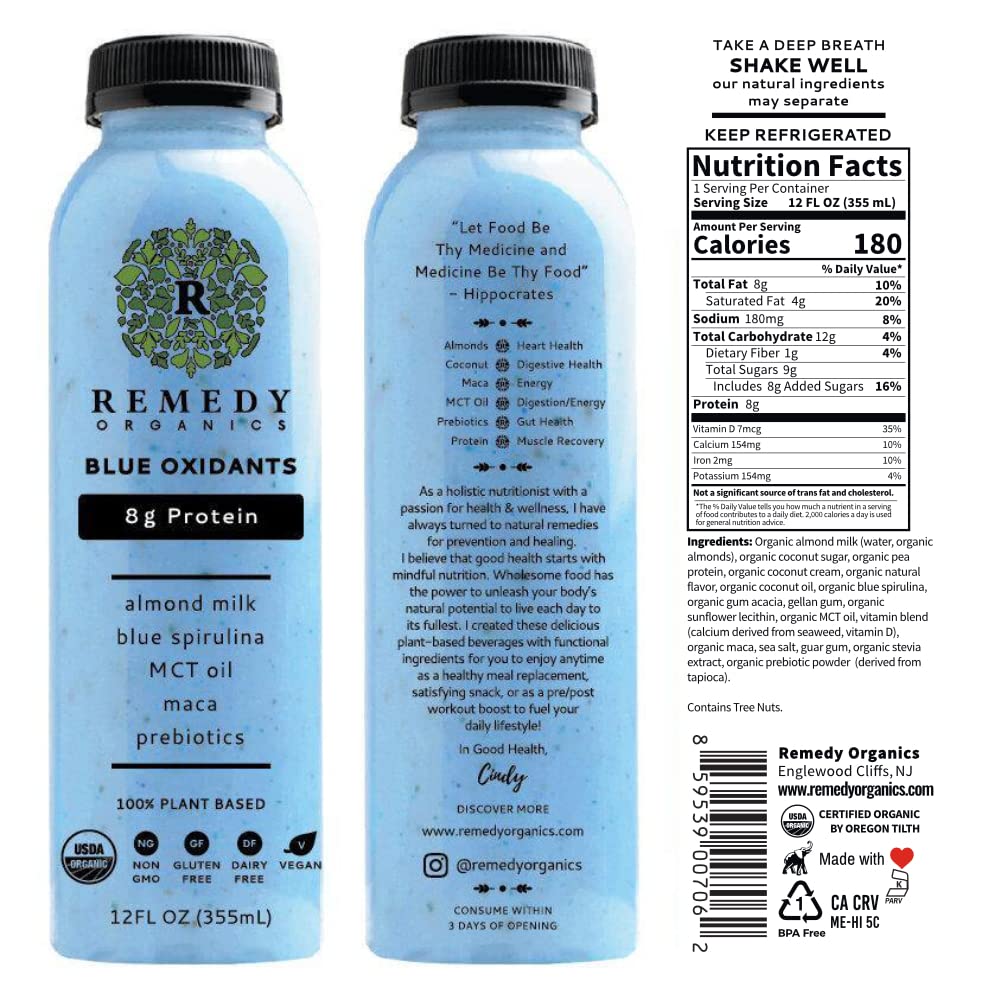 Remedy Organics Blue Essentials 12-Pack | Plant Based 8g Protein Shakes, Ready to Drink | USDA Organic, Gluten Free, Dairy Free, Soy Free