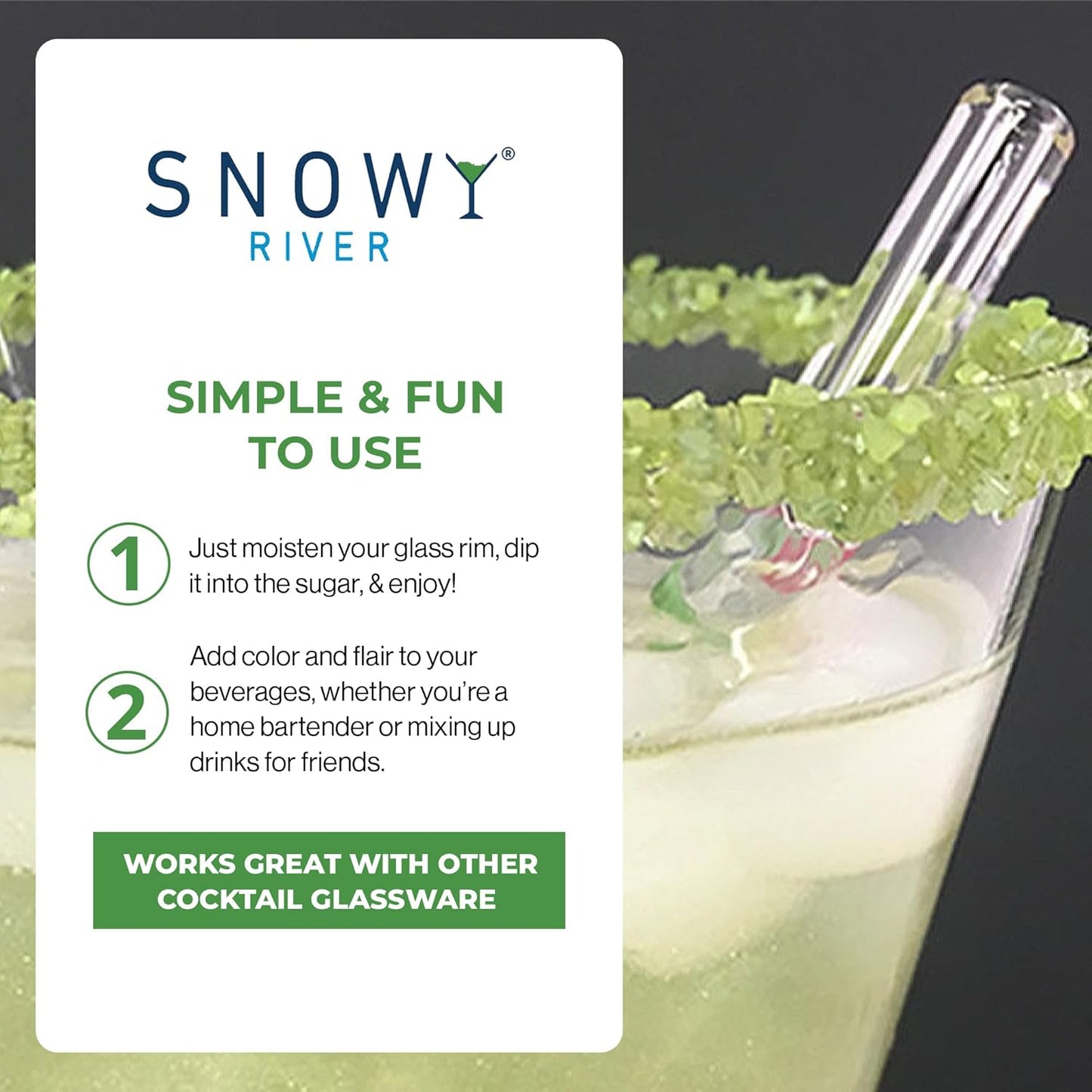 Snowy River Green, Cocktail & Margarita Sugar Rimmer - Vibrant Color Glass Rimming Sugar with Medium Crystal Texture - 16oz