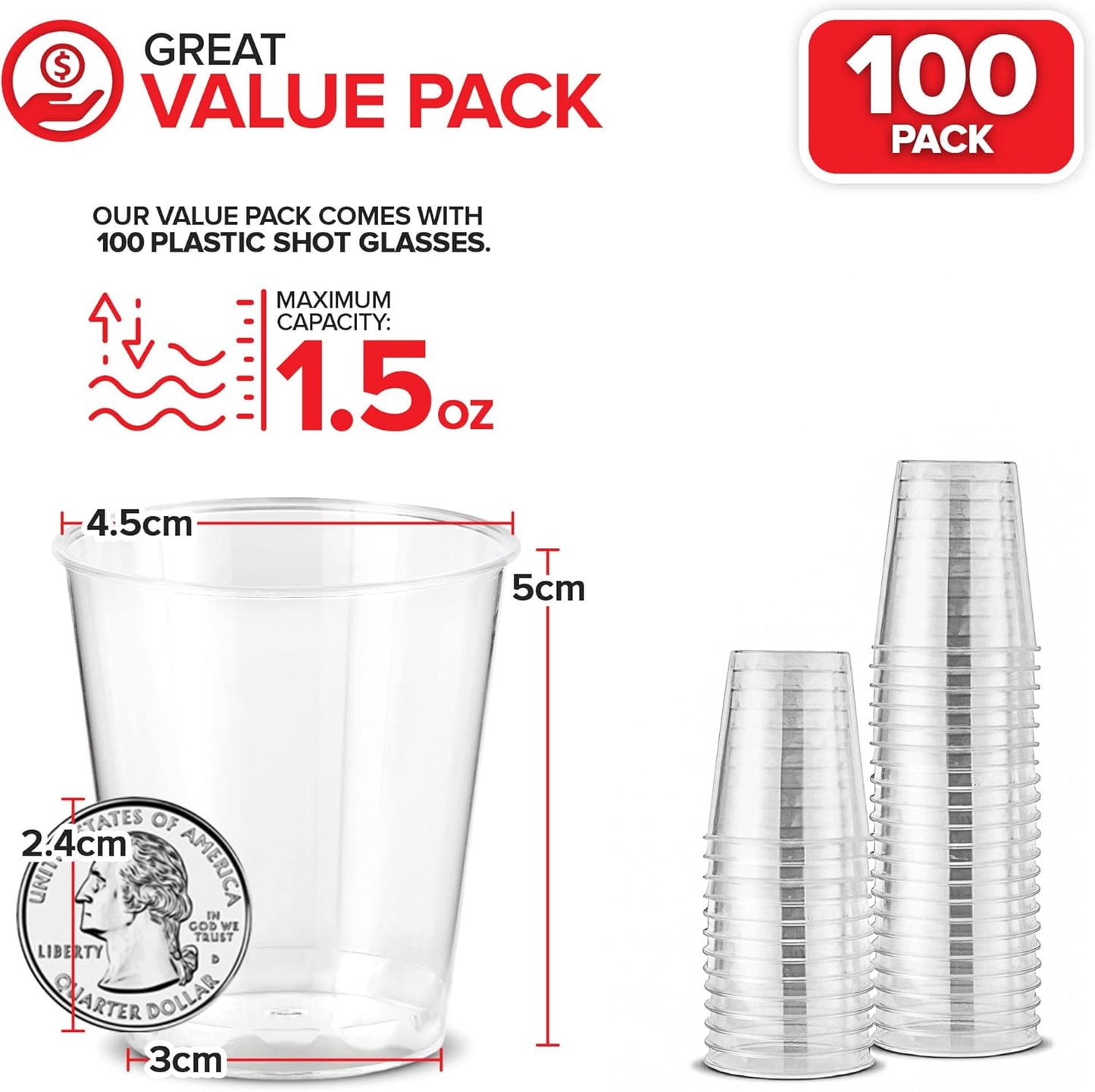 1.5 oz Shot Glasses - 100 Mini Plastic Shot Glasses (1.5oz) Clear Disposable Cups for Jello Shots, Wine Tasting, Liquor, Whiskey, Pudding, Sample Cup for Halloween and Elegant Partiest