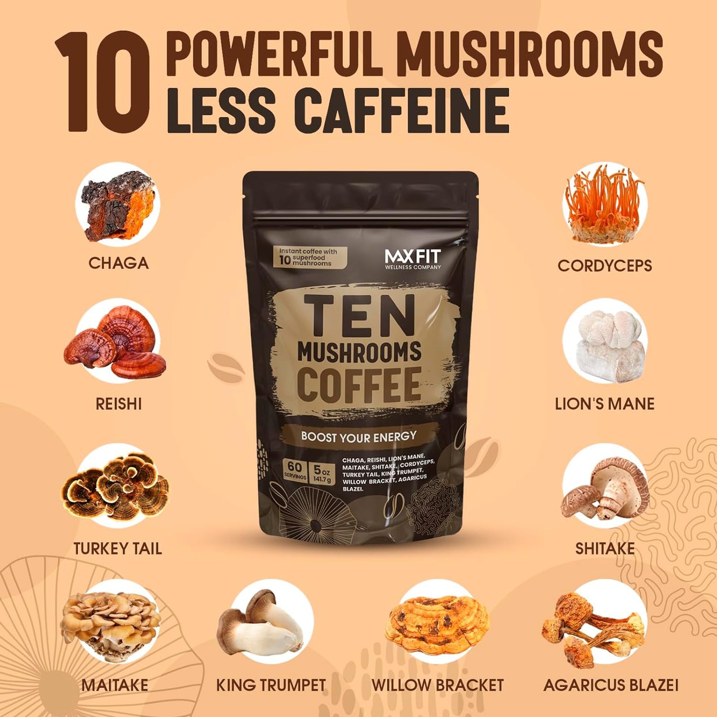 Mushroom Coffee (60 Servings) 10 Mushrooms (Lion’s Mane, Cordyceps, Turkey Tail & Other) Mixed With Gourmet Arabica Instant Immune Boosting Coffee for Focus & Gut Health Support