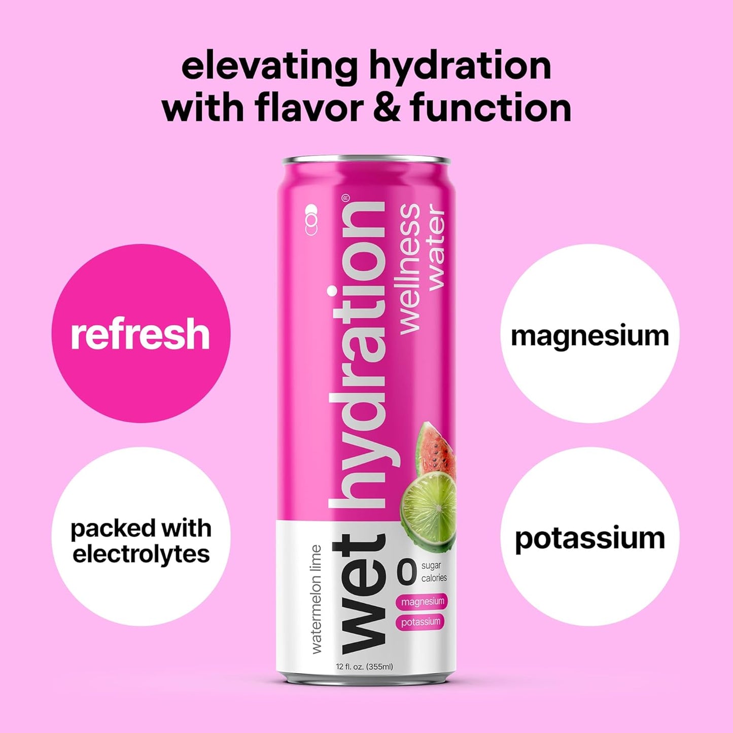 Wet Hydration | Functional Wellness Water, Non-Carbonated - Watermelon Lemon Lime (12 Ounce Cans, Pack of 12) - Flavored Water, Hydration Drink, No Sugar, No Artificial Ingredients, Zero Calories