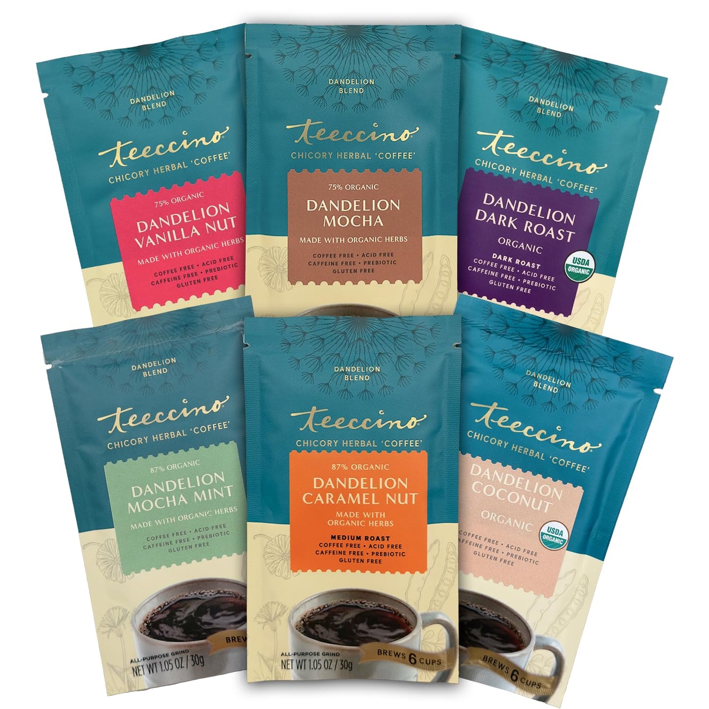 Teeccino Dandelion Root Herbal Coffee Sampler - Vanilla Nut, Mocha, Dark Roast, Mocha Mint, Caramel Nut, Coconut - Caffeine-Free Coffee Alternative with Prebiotics - 6 Trial Size Packets