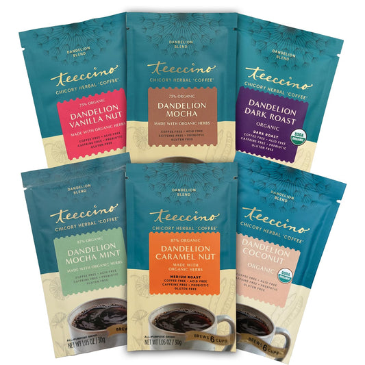 Teeccino Dandelion Root Herbal Coffee Sampler - Vanilla Nut, Mocha, Dark Roast, Mocha Mint, Caramel Nut, Coconut - Caffeine-Free Coffee Alternative with Prebiotics - 6 Trial Size Packets