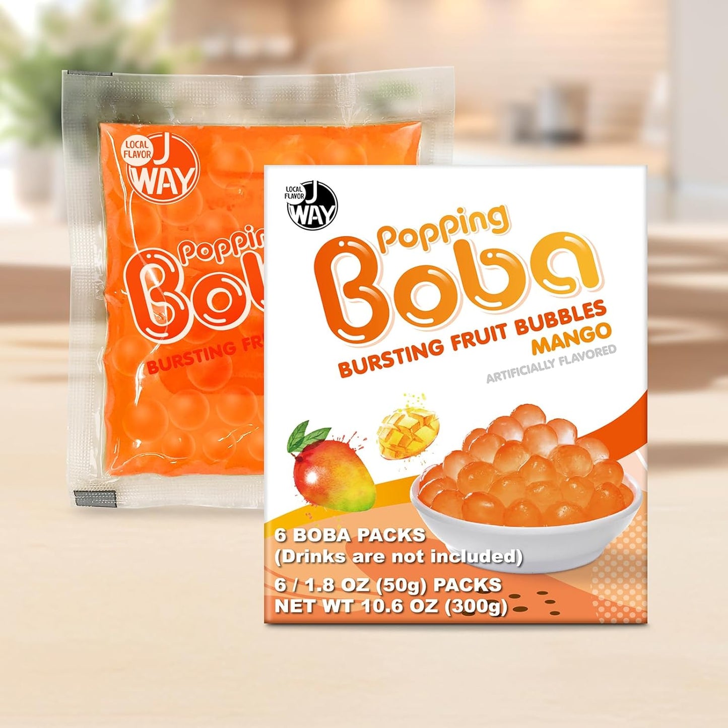 J WAY Bursting Popping Mango Boba Pearls, Mango Syrup, Non-Dairy, Fat-Free Popping Tapioca Boba for Beverages, Sweets, Ice Cream, 1.8oz (Pack of 6)