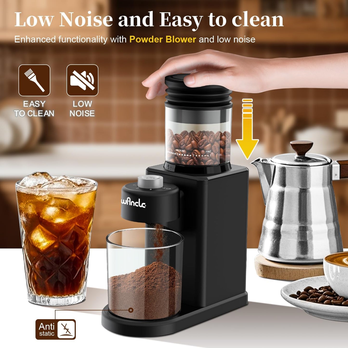 Wancle Coffee Grinder, Electric Conical Burr Coffee Bean Grinder, 25 Grind Settings-Adjustable for Espresso French Press Drip, 2-12 Cup Capacity, Low Noise, 80g Bean Capacity (Expandable to 120g)