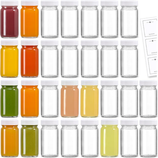 30 Pack 2 oz Glass Shot Bottles w/ White Lids & 30 Labels - Small Clear Jar for Ginger, Wellness Shot, Juice, Sample, Whiskey - Travel Essentials Mini Bottles - Wide Mouth, Leakproof, Dishwasher Safe