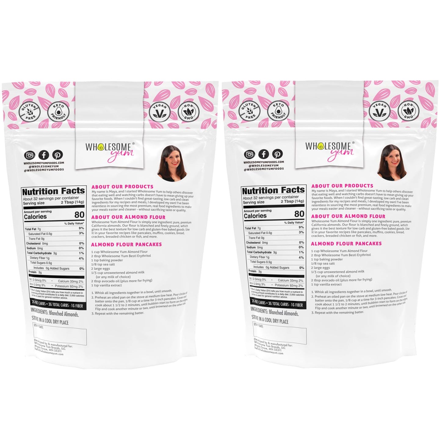 Wholesome Yum Premium Fine Blanched Almond Flour For Baking & More (16 oz / 1 lb) - Low Carb, Gluten Free, Non GMO, Keto Friendly Flour Substitute With Ground Almonds (Pack of 2)