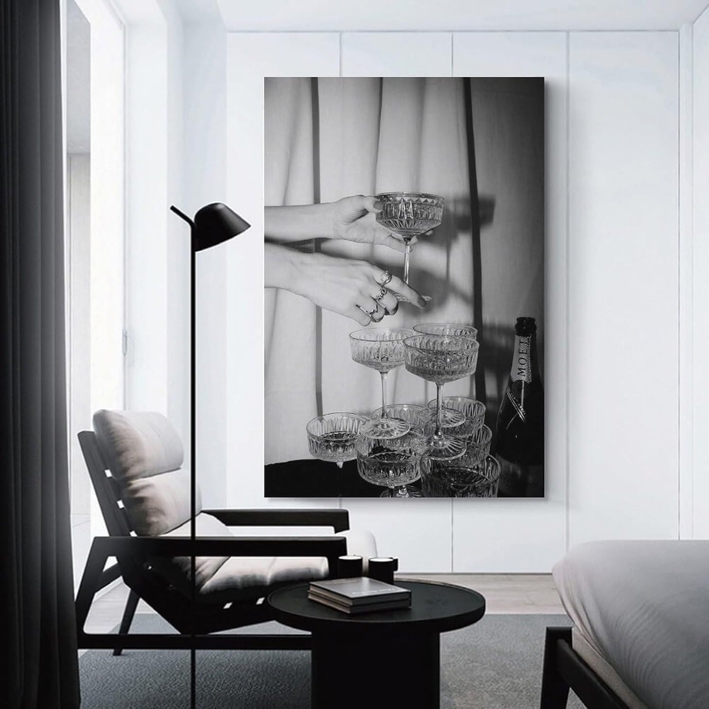 Black And White Champagne Glasses Canvas Wall Art Retro Funky Bar Cart Art Decor Retro Champagne Tower Poster Vintage Photography Wall Art Kitchen Dining Room Pub Prints 16x24inch(40x60cm)