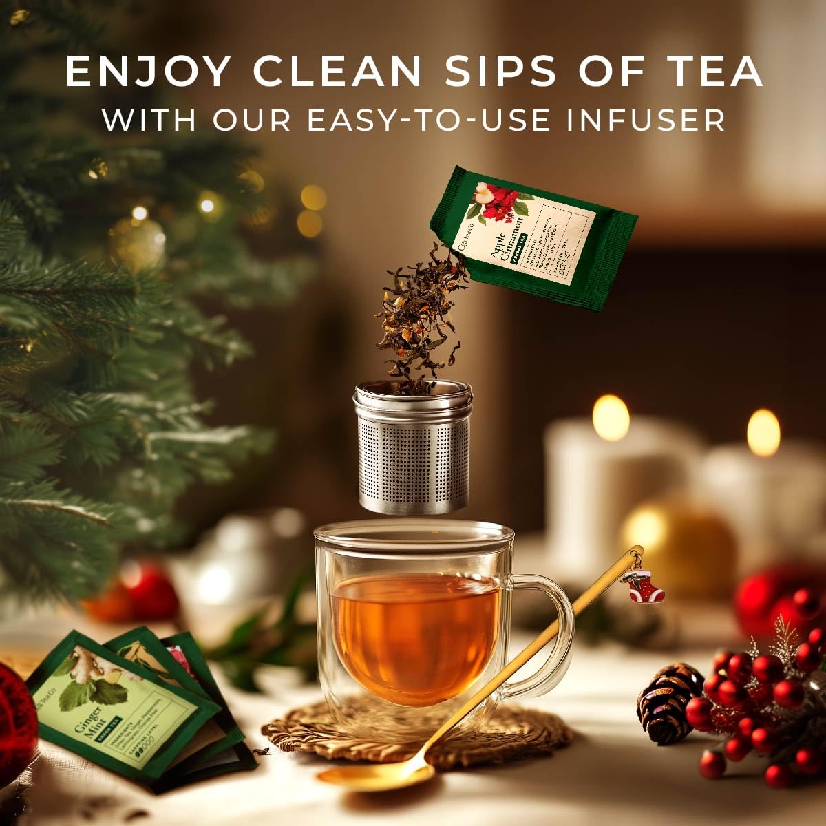 Gya Tea Co 14 Flavors Merry Tea Gift Set Variety Pack (28 Packs) - Assorted Loose Leaf Tea Sampler for Warm Holidays - Get Well Gifts With Infuser & Spoon