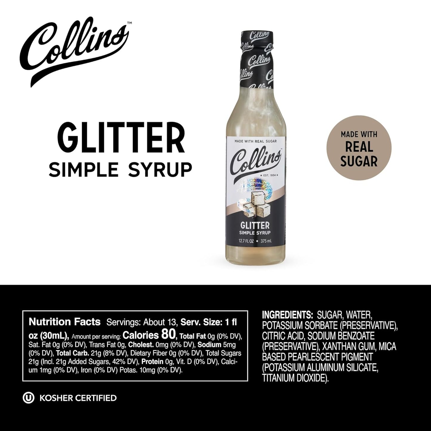 Collins Glitter Simple Syrup, Sparkle Cocktail Mixer with Edible Shimmer, Made with Real Sugar, No High-Fructose Corn Syrup, Ideal for Festive Cocktails and Mocktails, Party Essentials, 12.7 oz