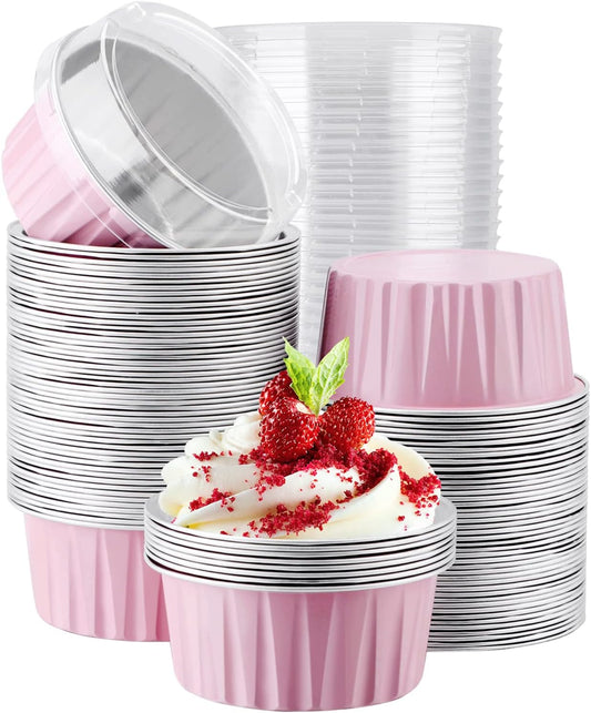 EUSOAR Cupcake Liners, 5oz 100pcs Aluminum Foil Cupcake Liners, Muffin Liners Cups with Lids, Disposable Aluminum Foil Cupcake Baking Cups Holders Cases Boxes Pans with Lids