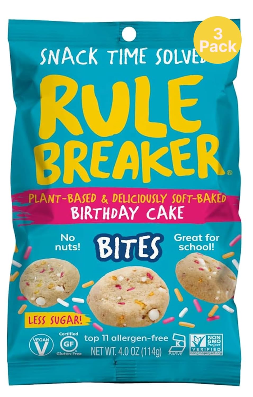 Rule Breaker Vegan & Gluten-Free Cookies | Birthday Cake Bites | Plant-Based, Dairy, Nut, Soy, Allergen Free, Kosher | Soft-Baked School Snacks for Kids and Adults (Pack of 3)