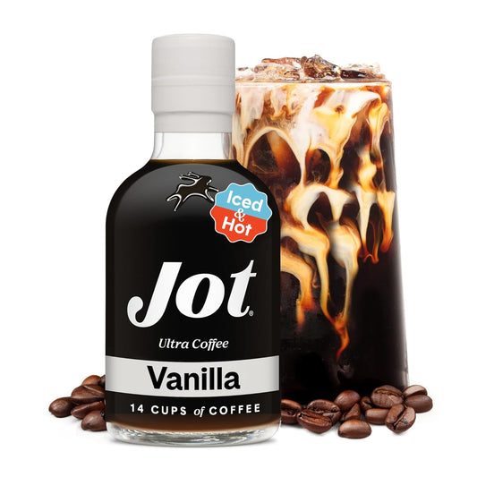 Jot Coffee Concentrate (Vanilla) High Caffeine Cold Brew Coffee Concentrate Liquid for Iced Coffees, Instant Espresso, Hot or Cold Instant Coffees - Makes 14 Cups, 150mg Caffeine/Tbsp, Sugar Free