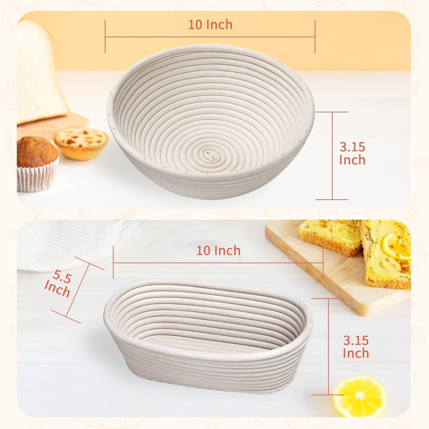 10 Inch Round & Oval Sourdough Proofing Basket Set, Banneton Bread Proofing Basket with Starter Jar, Sourdough Starter Kit Includes Bread Knife & Bread Board Natural Rattan for Perfect Loaves