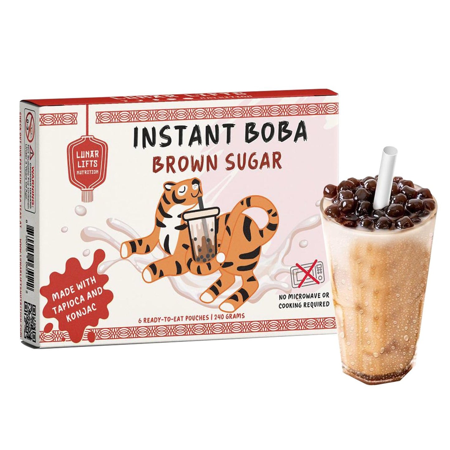 Instant Brown Sugar Boba, 70% Fewer Calories, Made with Konjac and Tapioca, Brown Sugar Boba Pearls for Boba tea, Shakes and Dessert, Plant-Based 6 Ready-to-Eat Pouches (240g)
