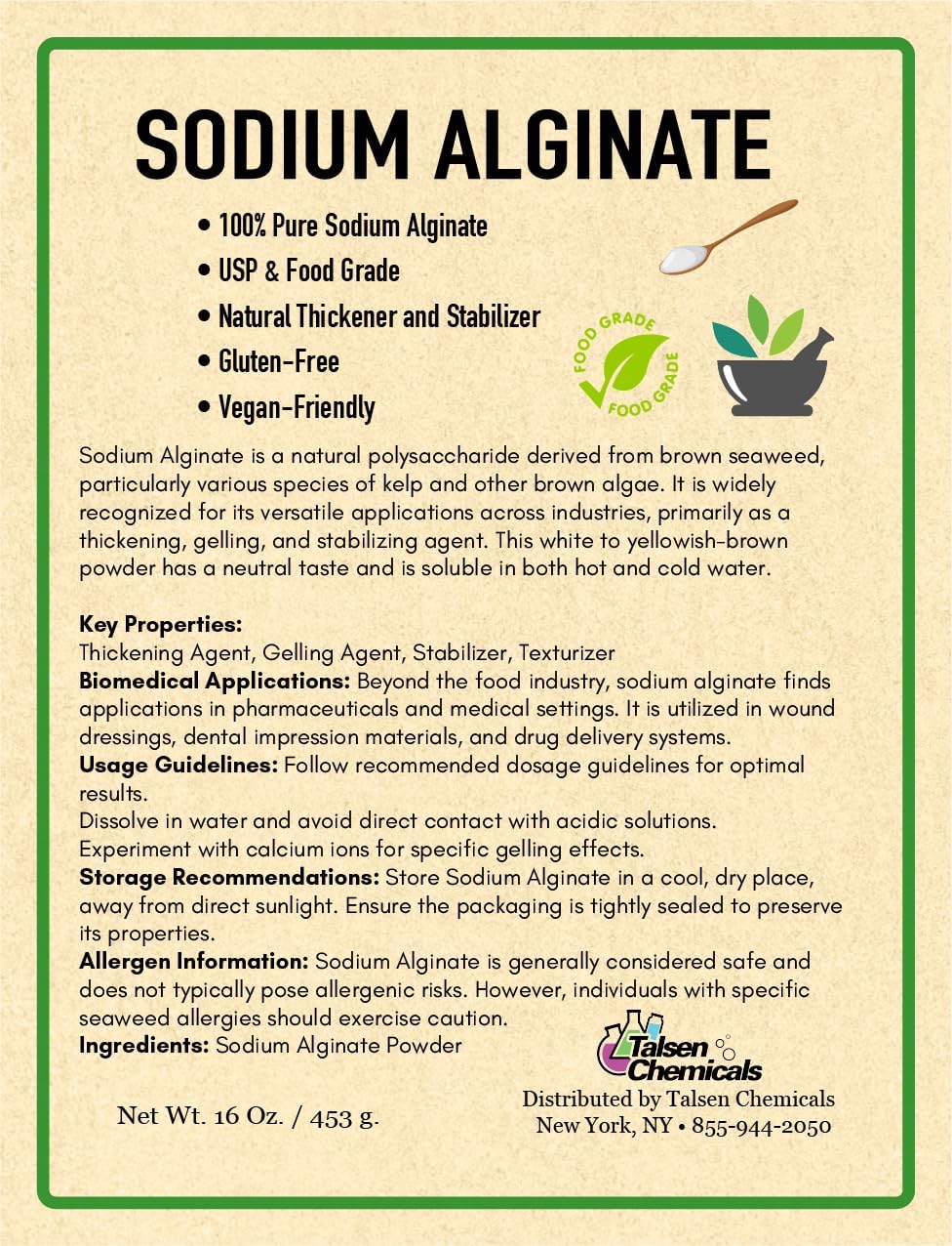 Sodium Alginate (16 Ounce / 453 Grams) Pure Sodium Alginate Powder Food Grade Powder for Thickening, Perfect for Making Luxurious Caviar Spheres, Desserts, Meatloaves by Talsen Chemicals