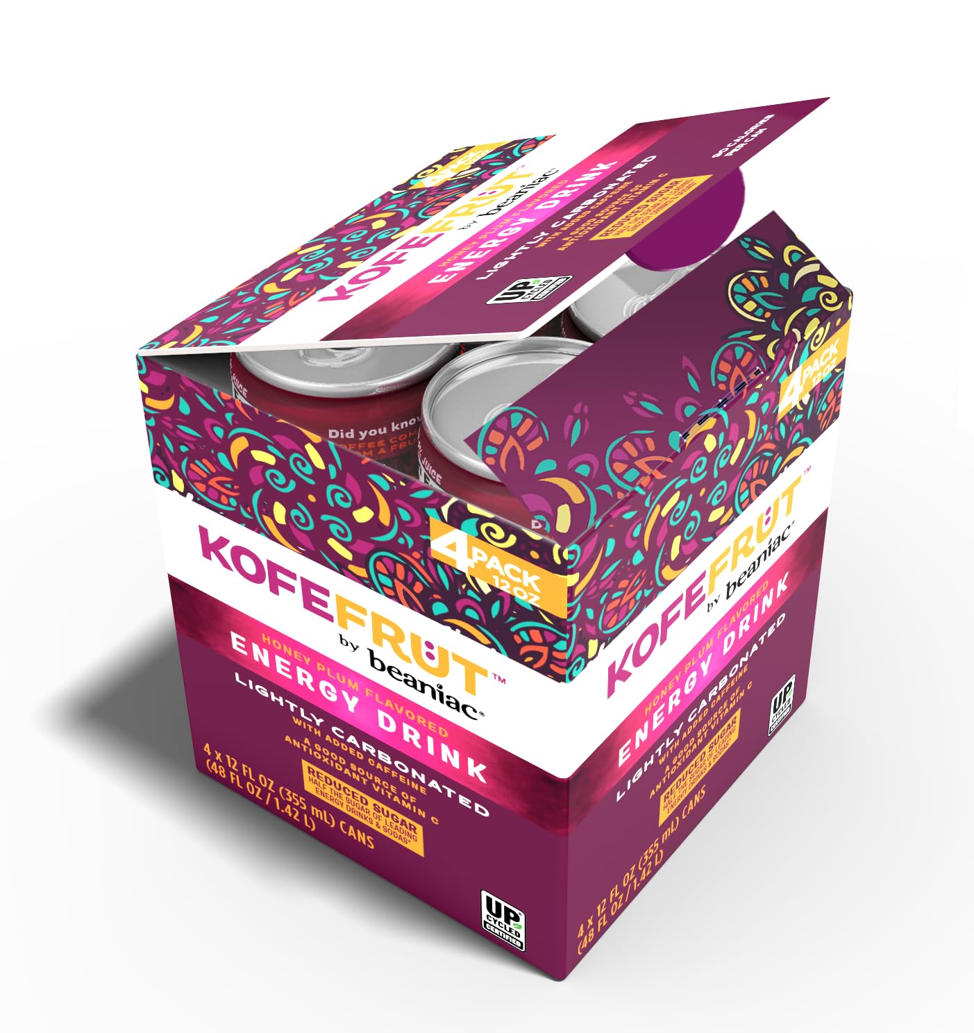 KOFEFRUT by beaniac Caffeinated Energy Drink, Honey Plum, Lightly Carbonated, Reduced Sugar, 80mg Caffeine, Polyphenols, Antioxidants, Vitamin C, 12 Fl Oz Can (Pack of 4)