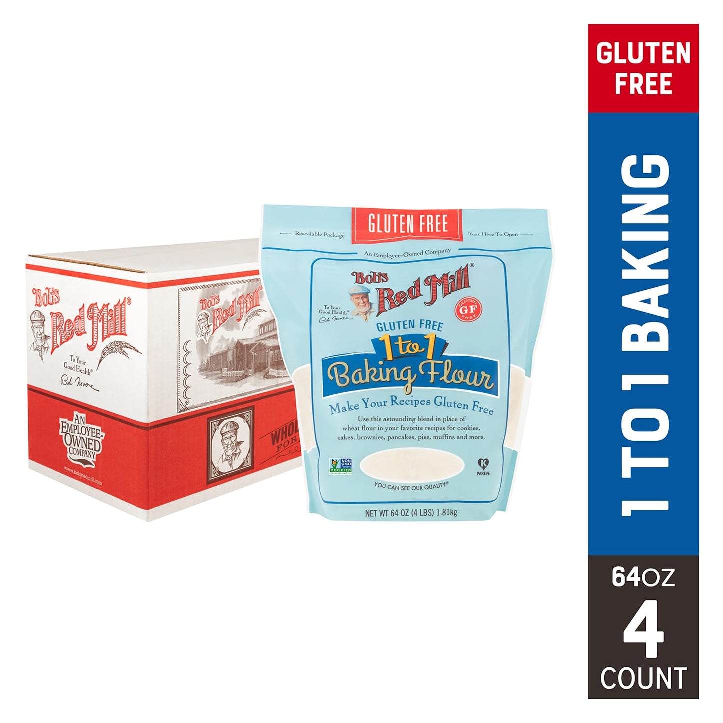 Bob's Red Mill Gluten Free 1 to 1 Baking Flour, 64oz (Pack of 4) - Non GMO, Vegan, Kosher