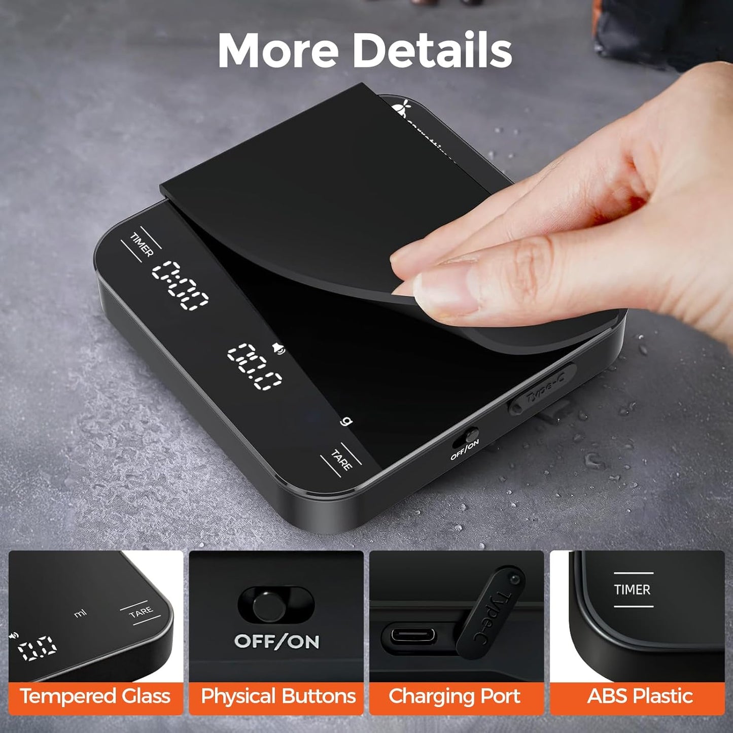 Rechargeable Mini Coffee Scale with Timer, 2kg/0.1g Precision Espresso Scale, Portable Digital Coffee Scale w/ 4 Modes for Espresso and Pour-Over Coffee (Black)