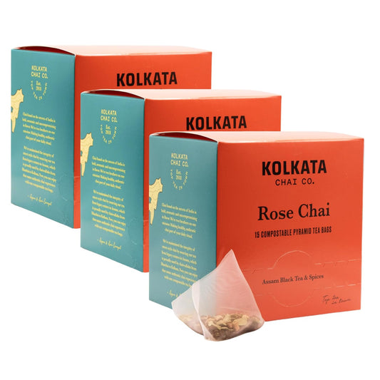 Kolkata Chai - Rose Chai Tea Bag, 45 Count, Premium Assam Black Tea and Spices, Compostable Tea Bags, Vegan, All Natural