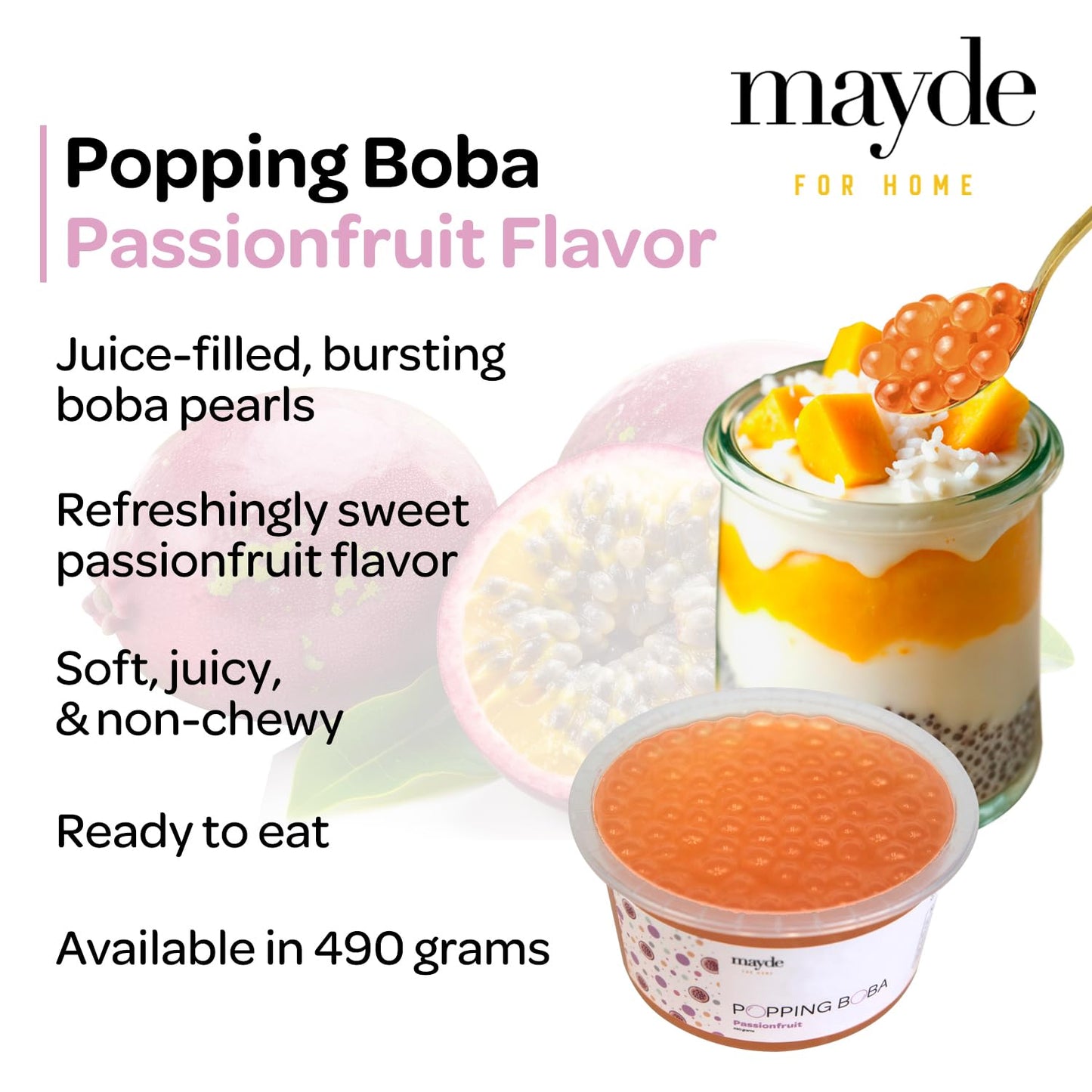 Mayde Popping Boba Pearls for Drinks, Desserts, & Breakfast Bowls, Passionfruit Flavor, 490 grams