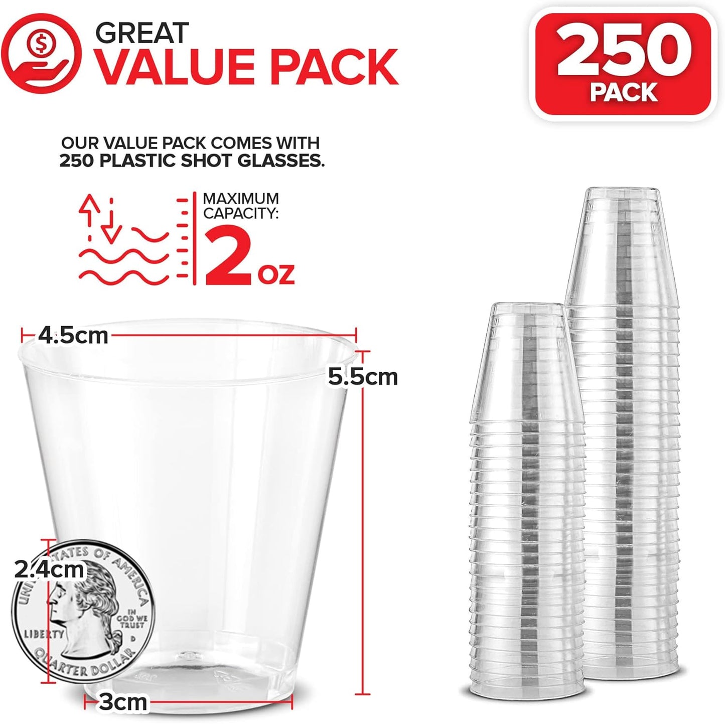 Stock Your Home 2 oz Shot Glasses - 250 Mini Plastic Shot Glasses (2oz) Clear Disposable Cups for Jello Shots, Wine Tasting, Liquor, Whiskey, Pudding, Sample Cup for Halloween and Elegant Parties