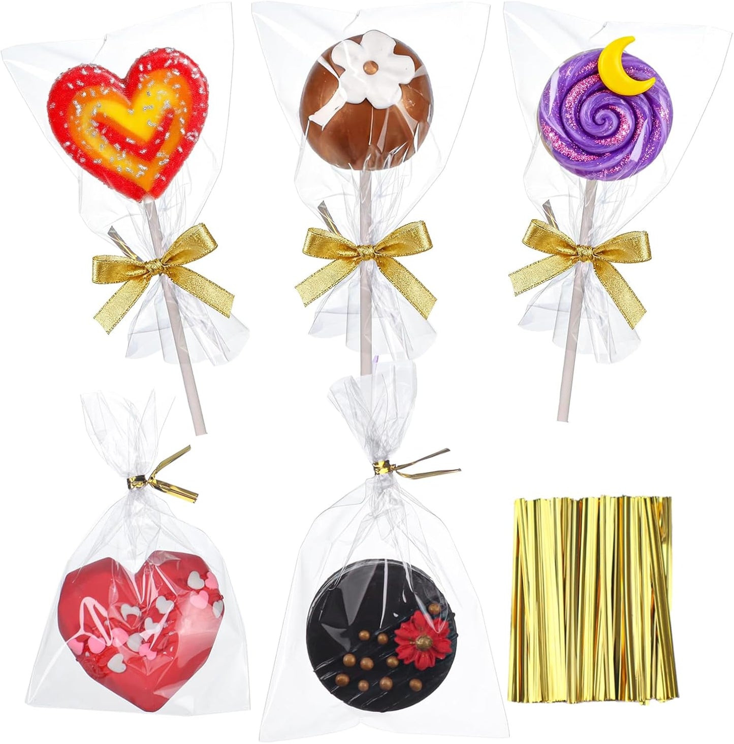 ROSPAKTEK 100 Pcs Cellophane Treat Bags 3x5 Inch with 100 Twist Ties - OPP Plastic Cake Pop Bags for Lollipop, Candy, Chocolate, Cookie Wrapping & Buffet