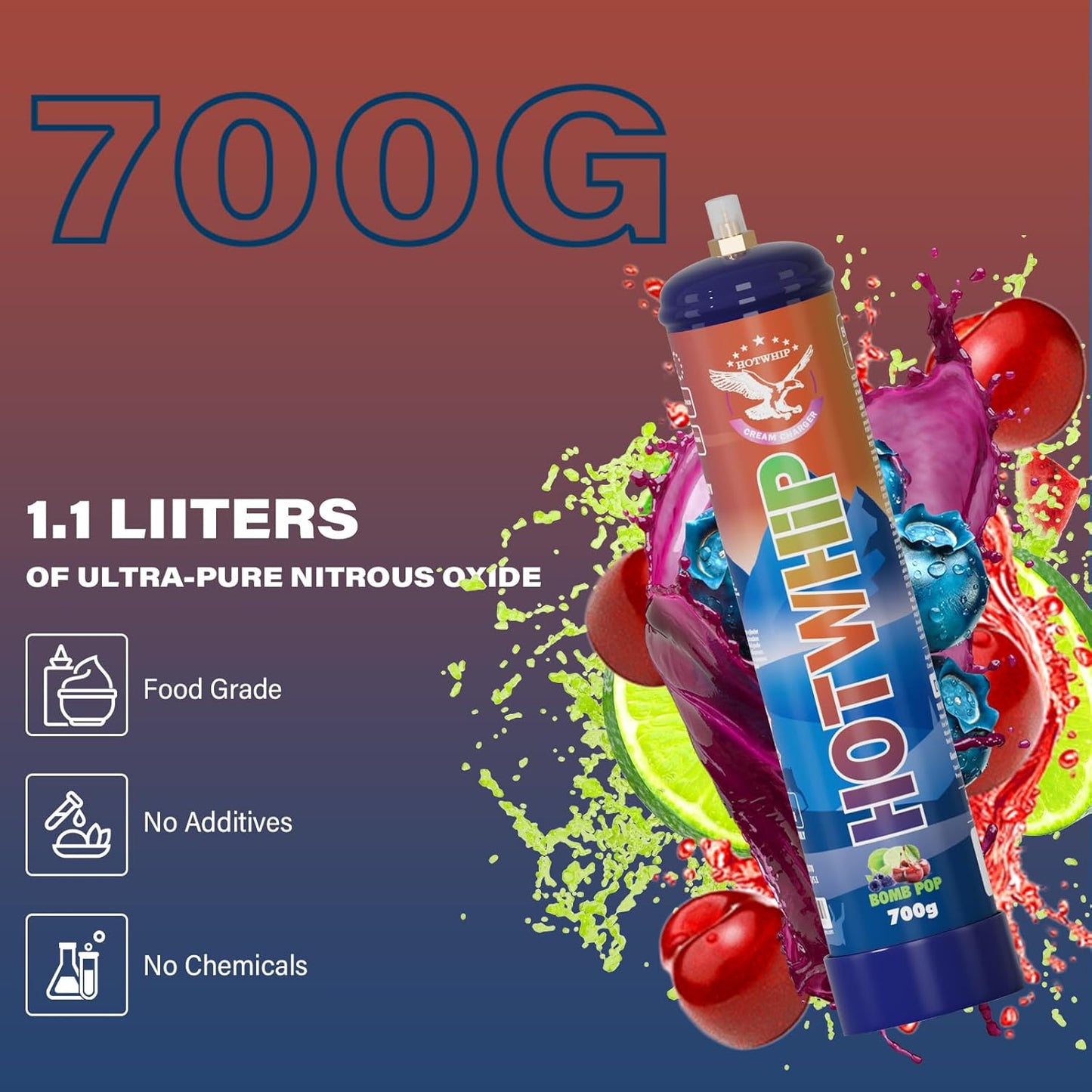 Whipped Cream Charger 700g,1.1L Tank,Cream Charger Food Grade Bombpop Flavor 99.99% Purity Premium Cream Cylinder(1,700g Bombpop)