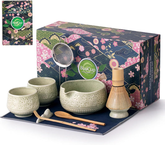 Matcha Whisk Set, 10 Pcs Matcha Set Includes Matcha Bowl, 2 Cups, Matcha Whisk and Holder, Bamboo Scoop and Spoon, Scoop Rest, Sifter and Tea Towel, Complete Matcha Kit (Mottled Green)